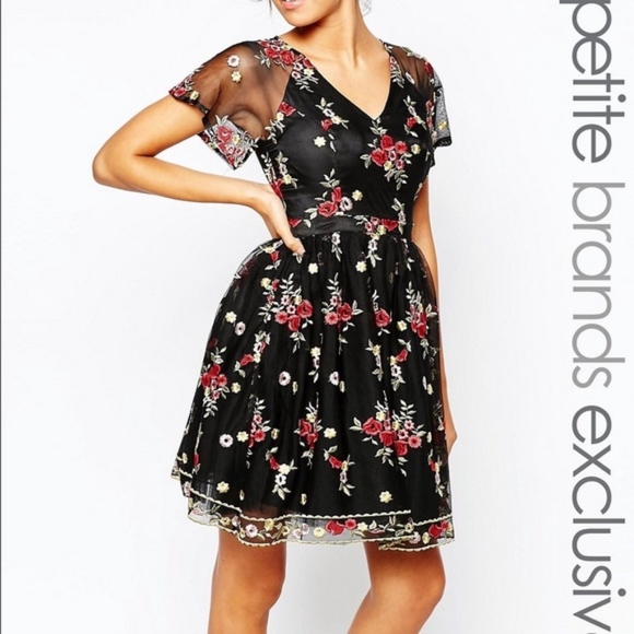 Chi Chi London Petite All Over Folk Floral Embroidered Skater Dress - Picture 2 of 11